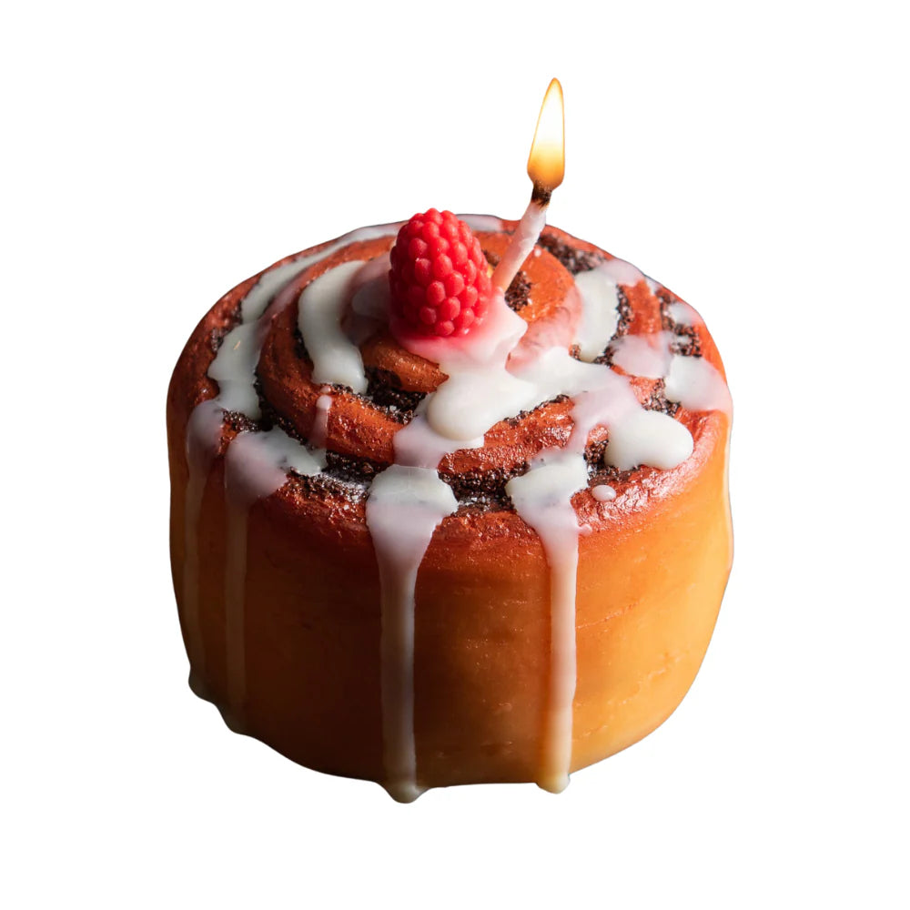 Cinnamon Roll Candle with Raspberry Topper and Frosting
