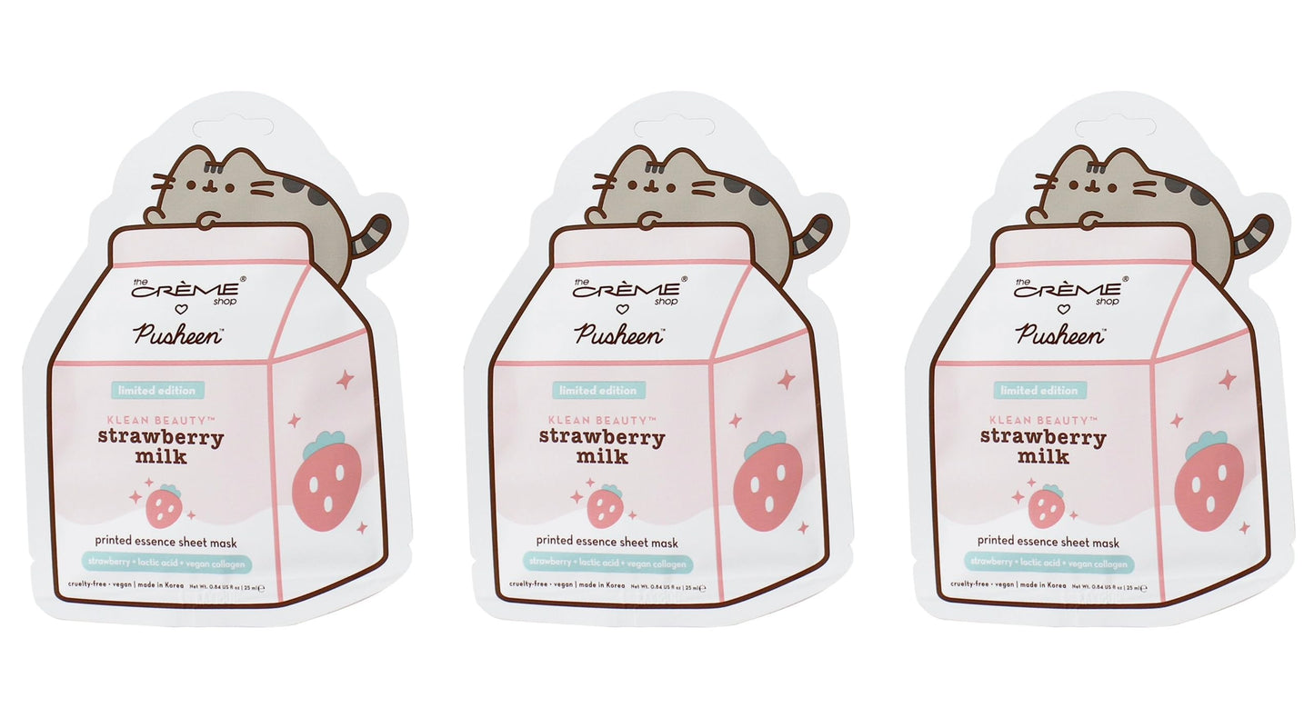 [The Crème Shop] Pusheen | KLEAN BEAUTY Strawberry Milk Sheet Mask (3 Pack)