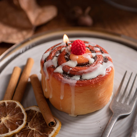 Cinnamon Roll Candle with Raspberry Topper and Frosting