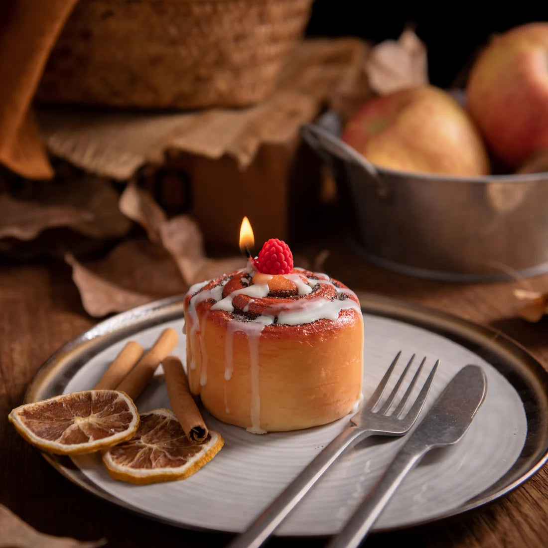 Cinnamon Roll Candle with Raspberry Topper and Frosting