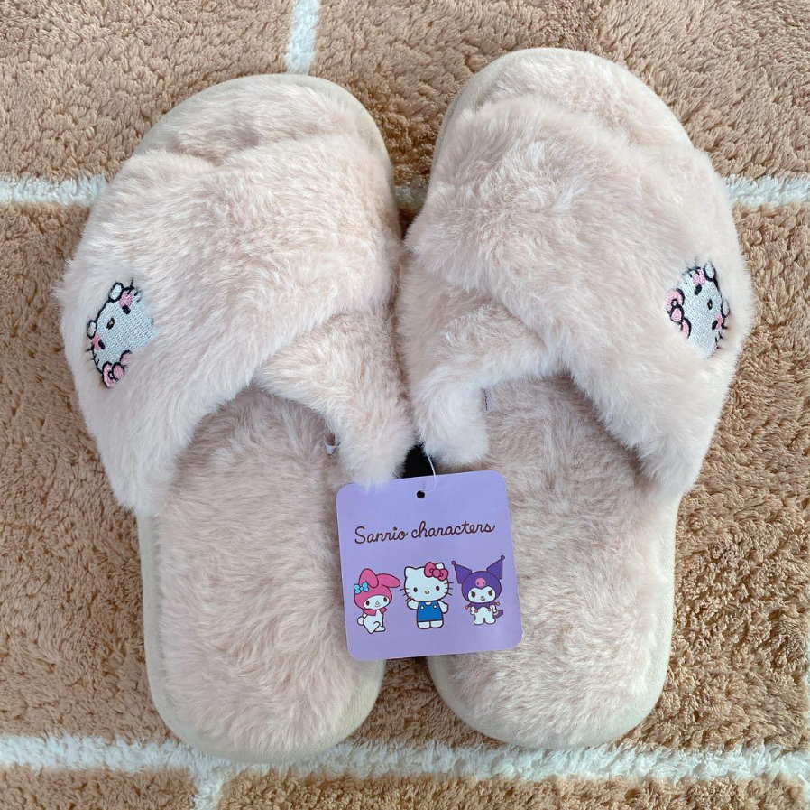 Sanrio Characters Cross Fur Slippers - Hello Kitty
