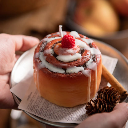 Cinnamon Roll Candle with Raspberry Topper and Frosting