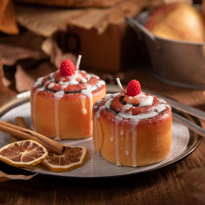Cinnamon Roll Candle with Raspberry Topper and Frosting